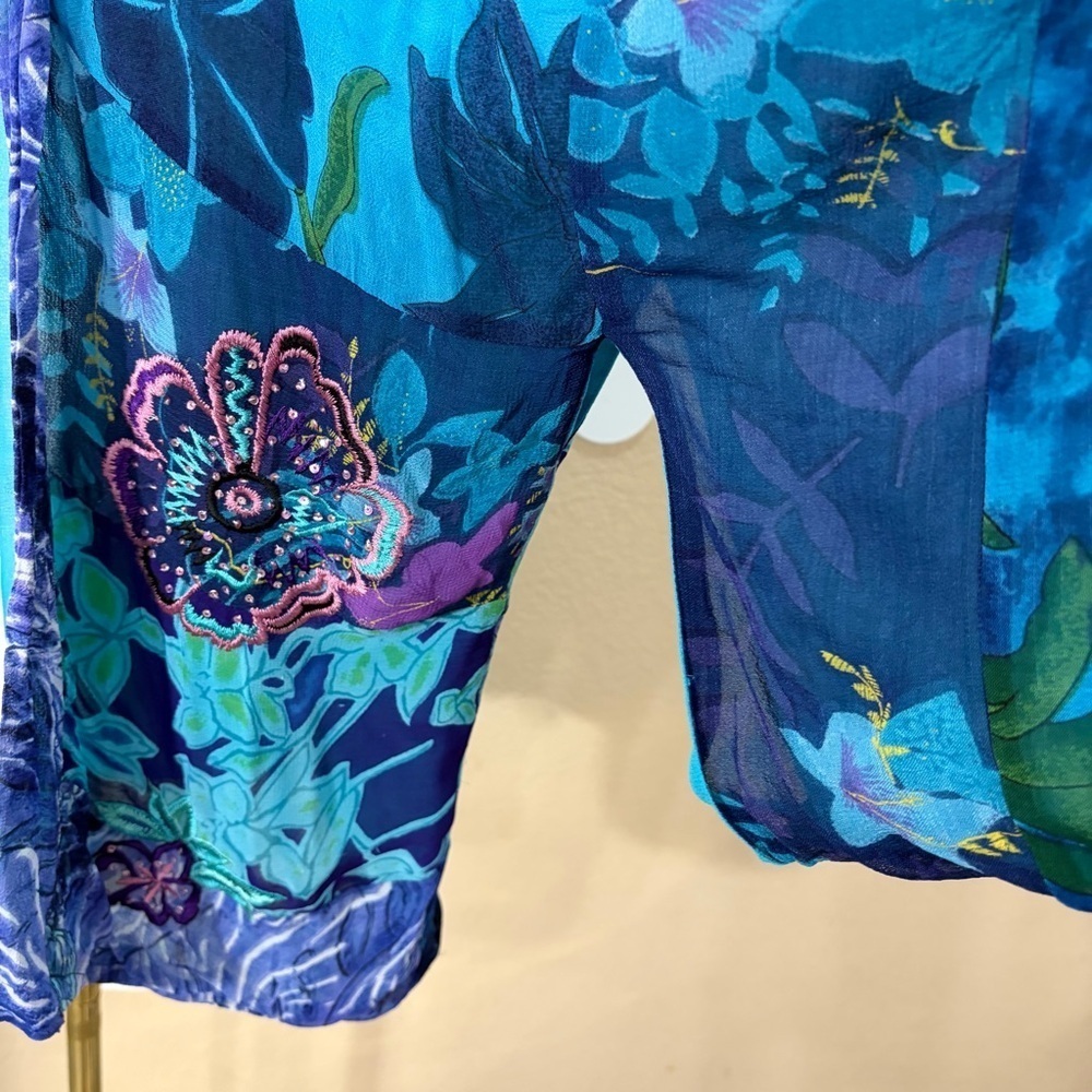 Half Moon Bay Womens Blue Floral Beaded Embroidered Open Kimono Sz L Boho Hippie - Picture 3 of 13